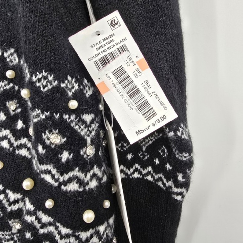New CeCe Womens 2X Black Fair Isle Pearl Embellished Long Sleeve Knit Sweater‎ - Picture 7 of 11